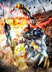 Rule 34 | charging forward, claws, explosion, glowing, glowing eyes, gundam, gundam barbatos, gundam barbatos lupus rex, gundam tekketsu no orphans, mecha, mechanical tail, mobile suit, motion blur, no humans, open hand, robot, science fiction, solo, tail, twisted torso, v-fin, youiki