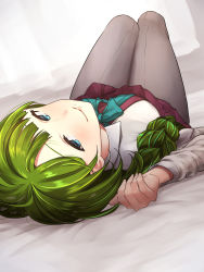 Rule 34 | 10s, 1girl, absurdres, aqua bow, baffu, blue eyes, blunt bangs, bow, bowtie, braid, closed mouth, collared shirt, dress, eyelashes, from above, green hair, grey pantyhose, hair over shoulder, highres, kantai collection, long hair, long sleeves, looking at viewer, lying, mole, mole under mouth, on back, pantyhose, pinafore dress, shirt, single braid, sleeveless dress, smile, solo, upside-down, white shirt, yuugumo (kancolle)