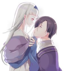 Rule 34 | 1boy, 1girl, arisie, character request, closed mouth, commentary request, gensou suikoden, gensou suikogaiden, hairband, highres, long hair, red eyes, short hair, sierra mikain, vampire, white hair