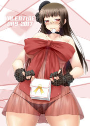 Rule 34 | 10s, 1girl, 2017, alternate costume, ayato, bad id, bad pixiv id, bare shoulders, black hair, black panties, blunt bangs, blush, breasts, choker, choukai (kancolle), cleavage, condom, condom in mouth, cowboy shot, dress, fingerless gloves, glasses, gloves, gluteal fold, hat, highres, kantai collection, large breasts, long hair, looking at viewer, mini hat, mouth hold, panties, red dress, red eyes, rimless eyewear, see-through, smile, solo, underwear, valentine