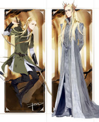 Rule 34 | 2boys, animification, arrow (projectile), artist name, belt, blonde hair, boots, bow (weapon), crown, dated, elf, father and son, king, legolas, long hair, male focus, middle earth, multiple boys, outside border, pointy ears, prince, psd, quiver, signature, the hobbit, thranduil, tolkien&#039;s legendarium, tolkien's legendarium, weapon