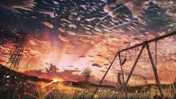 Rule 34 | absurdres, banishment, cloud, cloudy sky, commentary request, field, grass, highres, no humans, original, outdoors, ruins, scenery, sky, sun, sunset, swing, transmission tower