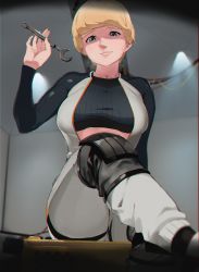 Rule 34 | 1girl, absurdres, animification, apex legends, black sweater, blonde hair, blue eyes, bodysuit, breasts, cable, cropped sweater, facial scar, head tilt, highres, holding, holding wrench, knee pads, looking at viewer, medium breasts, scar, scar on cheek, scar on face, short sleeves, sitting, smile, solo, sweater, thigh strap, tora-chan (taaiger3), wattson (apex legends), white bodysuit, wrench