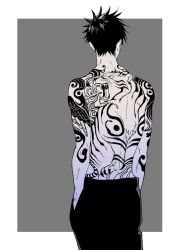 Rule 34 | 1boy, back tattoo, black hair, black pants, bn gi7, facing away, fushiguro megumi, hands in pockets, jujutsu kaisen, pants, topless male, short hair, simple background, solo, spiked hair, tattoo, tiger