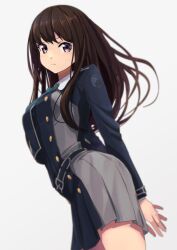 Rule 34 | &gt;:(, 1girl, absurdres, arms behind back, black hair, blue bow, blue jacket, blush, bow, breasts, buttons, eyebrows hidden by hair, frown, grey jacket, hair between eyes, highres, inoue takina, jacket, long hair, long sleeves, looking at viewer, lycoris recoil, lycoris uniform, medium breasts, miniskirt, miu (angelo whitechoc), multicolored clothes, multicolored hair, multicolored jacket, pleated skirt, purple eyes, simple background, skirt, solo, standing, streaked hair, two-tone jacket, uniform, v-shaped eyebrows, white background