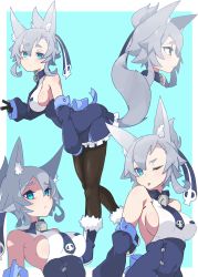 Rule 34 | 1girl, absurdres, animal ears, bare shoulders, blue eyes, boots, breasts, dress, fox ears, fox tail, fur trim, gloves, grey hair, hair ornament, highres, inukaze yamu, large breasts, looking at viewer, multiple views, one eye closed, original, pantyhose, shishimanako hareko, sideboob, tail, thick eyebrows, tongue, tongue out