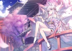 Rule 34 | 1girl, animal ear fluff, animal ears, aqua eyes, architecture, bare shoulders, breasts, cherry blossoms, chinese knot, cleavage, east asian architecture, floral print, fox ears, glasses, gradient hair, hair ribbon, highres, japanese clothes, kimono, large breasts, leg ribbon, long hair, looking at viewer, multicolored hair, original, pink hair, pink kimono, red ribbon, ribbon, shiro youduki, socks, solo, tabi, thick eyebrows, thigh ribbon, very long hair, white socks, wooden bridge