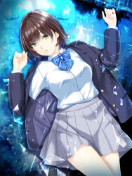 Rule 34 | 1girl, blazer, blouse, bow, bowtie, breasts, brown hair, collared shirt, cowboy shot, diffraction spikes, eyes visible through hair, green eyes, highres, jacket, looking at viewer, lying, medium breasts, nayuta69, on back, original, parted lips, pleated skirt, school uniform, shirt, short hair, skirt, solo, striped bow, striped bowtie, striped clothes, white shirt