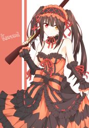 Rule 34 | 1girl, absurdres, alruna, breasts, brown hair, character name, cleavage, clock eyes, date a live, detached sleeves, frills, gothic lolita, gun, hair over one eye, hair ribbon, highres, lolita fashion, looking at viewer, medium breasts, musket, neck ribbon, over shoulder, red eyes, red ribbon, ribbon, skirt grab, smile, solo, symbol-shaped pupils, tokisaki kurumi, twintails, weapon, weapon over shoulder