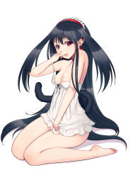 Rule 34 | 1girl, bare legs, bare shoulders, barefoot, black hair, breasts, breasts out, cat tail, chemise, dress, finger to mouth, from side, front-tie top, full body, hairband, highres, lolita hairband, long hair, long toenails, looking at viewer, mahito, nipples, olfena, parted lips, red eyes, shadow, sidelocks, simple background, sitting, small areolae, small breasts, small nipples, solo, strap slip, tail, toenails, very long hair, wariza, white background, wizard links