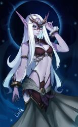 Rule 34 | 1girl, armor, bikini, bikini armor, blue eyes, blue sclera, bracelet, breasts, brown bikini, cleavage, closed mouth, colored sclera, colored skin, distr, elf, facial mark, hand up, highres, jewelry, long eyebrows, looking at viewer, navel, night elf (warcraft), pink skin, pointy ears, signature, smile, solo, swimsuit, warcraft, white hair, world of warcraft