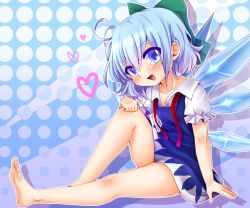 Rule 34 | 1girl, :d, ahoge, arm support, barefoot, blue dress, blue eyes, blue hair, blush, bow, cirno, collarbone, collared shirt, dress, fang, feet, flat chest, hair bow, halftone, halftone background, hand on own knee, heart, ice, ice wings, large bow, legs, looking at viewer, matching hair/eyes, namino., open mouth, puffy short sleeves, puffy sleeves, ribbon, shirt, short hair, short sleeves, sitting, smile, solo, thighs, touhou, untied, wings