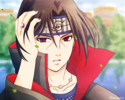 Rule 34 | 1boy, blue sky, cloud, forest, leaf, male focus, mutsumix, naruto, naruto (series), nature, outdoors, portrait, sky, solo, uchiha itachi, water