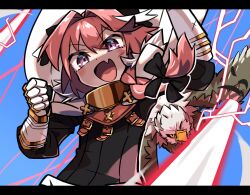Rule 34 | 1boy, absurdres, astolfo (fate), black bow, blush, bow, braid, fang, fate/apocrypha, fate (series), gauntlets, griffin, highres, letterboxed, long hair, magic, male focus, marlowe, pink eyes, pink hair, single braid, skin fang, trap, upper body