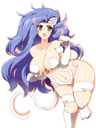 Rule 34 | 1girl, animal ears, animal hands, bad id, bad pixiv id, big hair, blue hair, breasts, capcom, cat ears, cat paws, cat tail, curvy, fang, felicia (vampire), green eyes, highres, large breasts, long hair, navel, open mouth, paw pose, shadow, simple background, solo, tail, thick thighs, thighs, vampire (game), very long hair, wedge (tyrl stride), white background, wide hips