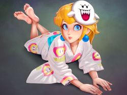 Rule 34 | 1girl, barefoot, blonde hair, blue eyes, boo (mario), earrings, feet, fire flower, japanese clothes, kimono, light blush, long hair, looking at viewer, lying, mario (series), nintendo, on stomach, princess peach, puffypinkpaws, soles, sphere earrings, super mario odyssey, the pose, toes, yukata