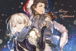 Rule 34 | 2boys, arm up, armor, back-to-back, blue eyes, braid, brown eyes, brown hair, facial hair, granblue fantasy, hat, looking at viewer, male focus, merry christmas, minaba hideo, multiple boys, noa (granblue fantasy), official art, rackam (granblue fantasy), santa hat, single braid, smile, stubble, upper body, white hair