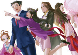 Rule 34 | 1boy, 5girls, :d, :o, absurdres, ace attorney, arms at sides, bead necklace, beads, black hair, black jacket, black skirt, blue eyes, blue jacket, blue pants, blue suit, blush, braid, brown hair, buttons, child, closed eyes, closed mouth, collared shirt, crossed arms, crown braid, dahlia hawthorne, dutch angle, earrings, formal, from behind, from side, green eyes, hagoromo, hair rings, happi, head out of frame, highres, iris (ace attorney), jacket, japanese clothes, jewelry, kimono, lapel pin, lapels, leg up, long hair, long sleeves, low-tied long hair, low-tied sidelocks, magatama, maya fey, mia fey, mole, mole under eye, multiple girls, necklace, necktie, no socks, obi, open mouth, pants, pearl fey, phoenix wright, pink sash, pink shawl, pocket, pointing, profile, purple jacket, red necktie, red sash, sad, sash, shawl, shirt, short kimono, sidelocks, simple background, skirt, sleeves past elbows, smile, spiked hair, string around wrist, suit, suit jacket, teeth, topknot, umbrella, upper teeth only, very long hair, white background, white kimono, white shirt, yymmawo vv2