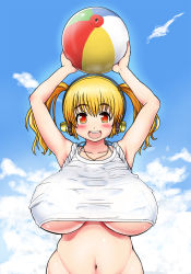 Rule 34 | 1girl, arms up, bad id, bad pixiv id, ball, beachball, blonde hair, blush, breasts, cloud, day, headphones, highres, huge breasts, impossible clothes, impossible shirt, long hair, looking at viewer, nitroplus, open mouth, plump, red eyes, shirt, shiwasu no okina, sky, sleeves rolled up, smile, solo, super pochaco, twintails