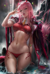 Rule 34 | 10s, 1girl, absurdres, aqua eyes, bathing, breasts, curvy, darling in the franxx, dripping, green eyes, hairband, highres, horns, in water, jacket, jacket on shoulders, licking, long hair, medium breasts, military, military jacket, military uniform, navel, panties, pink hair, sakimichan, solo, stomach, straight hair, tongue, tongue out, underwear, uniform, water, white hairband, zero two (darling in the franxx)
