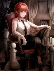 Rule 34 | 1girl, absurdres, alternate eye color, arm up, black footwear, black necktie, black pants, board game, braid, breasts, brown eyes, chainsaw man, chair, chess, collared shirt, curtains, drawing (object), floor, formal, hair between eyes, hand on own knee, hand up, highres, indoors, lamp, long hair, long sleeves, looking at viewer, makima (chainsaw man), medium breasts, necktie, open mouth, pants, red hair, shirt, shoes, sidelocks, sitting, solo, suit, wall, white shirt, xia 0328