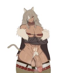 Rule 34 | 1futa, animal ears, breasts, cat ears, cat tail, clothes, dark-skinned female, dark skin, eyepatch, female pubic hair, futanari, ghislaine dedoldia, grey hair, highres, huge penis, large breasts, long hair, looking at viewer, muscular, muscular female, mushoku tensei, open clothes, penis, pubic hair, red eyes, scar, scar on face, scar on stomach, simple background, smile, solo, soutoku, tail, testicles, tongue, tongue out, veins, veiny penis, white background