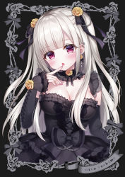 Rule 34 | 1girl, :o, bare shoulders, black background, black bow, black dress, black sleeves, blush, bow, breasts, cleavage, commentary request, cropped torso, detached sleeves, dress, fang, finger to mouth, floral background, flower, gothic lolita, grey hair, hair bow, hair flower, hair ornament, hand up, lolita fashion, long hair, long sleeves, medium breasts, mitsuba choco, nail polish, original, parted lips, pink nails, red eyes, rose, sleeves past wrists, solo, two side up, upper body, very long hair, yellow flower, yellow rose