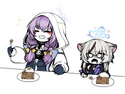 Rule 34 | 2girls, absurdres, animal ears, atsuko&#039;s grin (meme), atsuko (blue archive), birthday, birthday cake, black gloves, blue archive, cake, carrot, carrot cake, cat ears, cat girl, character print, food, food on face, fork, gloves, happy, highres, holding, holding fork, hood, kokona (blue archive), meme, multiple girls, plate, sans (undertale), surprised, uncolorcube, undertale