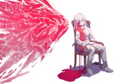 Rule 34 | 1girl, armchair, barefoot, bleeding, blood, blood on clothes, blood on face, blood on ground, blood on wall, blood splatter, blunt bangs, breasts, buttons, chair, closed eyes, closed mouth, collared shirt, colored skin, corpse, death, extremely-nervess, full body, gun, handgun, highres, long hair, monster, on chair, original, outstretched arm, pajamas, pants, reaching, red theme, revolver, shirt, simple background, sitting, small breasts, solo, suicide, surreal, weapon, white background, white hair, white pajamas, white pants, white shirt, white skin, white theme