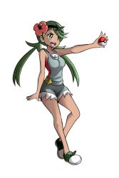 Rule 34 | 1girl, arm up, bare shoulders, breasts, collarbone, creatures (company), dark-skinned female, dark skin, female focus, flower, full body, game freak, green eyes, green footwear, green hair, green hairband, hair flower, hair ornament, hairband, happy, heel up, holding, holding poke ball, jpeg artifacts, long hair, lucyfer, mallow (pokemon), matching hair/eyes, medium breasts, nintendo, open mouth, outstretched arm, overalls, pink flower, pink shirt, poke ball, poke ball (basic), pokemon, pokemon sm, shirt, shoes, simple background, smile, solo, standing, teeth, twintails, white background