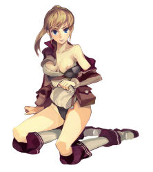 Rule 34 | 1girl, blue eyes, breasts, brown hair, fantasy earth zero, forgotten artist, kneeling, long hair, nipples, open clothes, ponytail, solo, sword, weapon