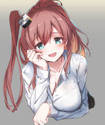 Rule 34 | 1girl, aqua eyes, blush, breasts, brown hair, buttons, cleavage, collarbone, hair between eyes, highres, kantai collection, large breasts, long hair, long sleeves, looking at viewer, open mouth, saratoga (kancolle), shirt, side ponytail, smile, solo, white shirt, youmou usagi