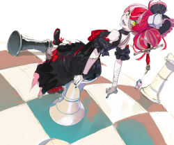 Rule 34 | 1girl, arm garter, bandaged arm, bandages, black bow, black dress, black footwear, black nails, bow, breasts, button eyes, buttons, chess piece, chessboard, colored skin, cross-laced footwear, double bun, dress, fang, frilled bow, frills, from side, full body, grey skin, hair bow, hair bun, heterochromia, hololive, hololive indonesia, impaled, kureiji ollie, looking at viewer, looking back, medium hair, multicolored hair, multicolored skin, nail polish, object through head, open mouth, oversized object, pako (pakosun), pale skin, patchwork skin, pink hair, red bow, red eyes, red hair, shoes, silver hair, simple background, sitting, sleeveless, sleeveless dress, small breasts, smile, solo, stitched arm, stitched face, stitched leg, stitched torso, stitches, streaked hair, sword, sword in head, torn clothes, torn dress, udin (kureiji ollie), virtual youtuber, weapon, white background, wrist bow, yellow eyes