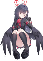 Rule 34 | 1girl, ^ ^, armband, black choker, black footwear, black gloves, black hair, black sailor collar, black serafuku, black shirt, black skirt, black socks, black wings, blue archive, blunt bangs, blush, choker, closed eyes, commentary, feathered wings, full body, gloves, grin, hair ornament, hairclip, halo, hand up, highres, holding, holding phone, ichika (blue archive), knees together feet apart, knees up, long hair, low wings, neckerchief, panties, pantyshot, phone, pleated skirt, red armband, red halo, red neckerchief, sailor collar, school uniform, serafuku, shirt, simple background, sitting, skirt, smile, socks, thighs, umou (may65879), underwear, v, white background, white panties, wings