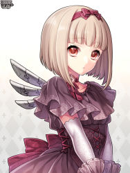 Rule 34 | 1girl, back bow, blunt bangs, bow, capelet, choker, collarbone, corset, dress, grey capelet, grey dress, grey wings, hair bow, hairband, kerberos blade, looking at viewer, red bow, red eyes, red hairband, short hair, silver hair, single wing, solo, standing, takamiya ren, upper body, white background, wings
