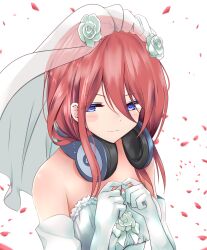 Rule 34 | 1girl, averting eyes, bare shoulders, blue eyes, bonfurai, bridal veil, brown hair, closed mouth, commentary request, dress, elbow gloves, embarrassed, falling petals, fidgeting, gloves, go-toubun no hanayome, headphones, headphones around neck, highres, long hair, long hair between eyes, nakano miku, petals, solo, strapless, strapless dress, upper body, veil, wedding dress, white background, white dress, white gloves