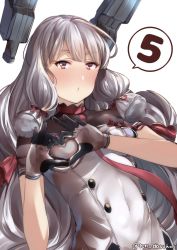 Rule 34 | 1girl, blush, breasts, closed mouth, dress, gloves, grey hair, hair between eyes, heart, juurouta, kantai collection, long hair, looking at viewer, murakumo (kancolle), pantyhose, short dress, simple background, small breasts, solo, twintails, two side up, white background, yellow eyes