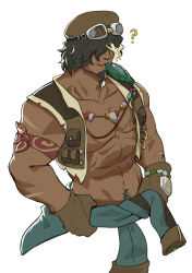 Rule 34 | 1boy, ?, abs, bara, brown vest, clothes around waist, commentary, english commentary, facial hair, goatee, goggles, goggles on head, hair over eyes, hand on own hip, highres, jacket, jacket around waist, male focus, multicolored hair, multiple scars, nintendo, pectorals, scar, scar on arm, tauro (totk), the legend of zelda, the legend of zelda: tears of the kingdom, upper body, vest, white background, zoyu (wuedti)