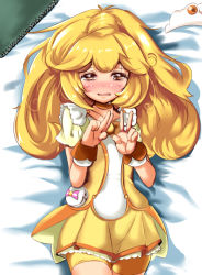 Rule 34 | 10s, 1girl, bad id, bad pixiv id, bed, bike shorts, bike shorts under skirt, blonde hair, blush, cure peace, dress, hair flaps, kise yayoi, long hair, looking at viewer, lying, magical girl, on back, on bed, ponytail, precure, shorts, shorts under skirt, skirt, smile precure!, solo, soo, tears, tiara, v, wrist cuffs, yellow dress, yellow eyes, yellow shorts, yellow skirt, yellow theme