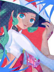 Rule 34 | crop top, elephant, eyeliner, fate/grand order, fate (series), green eyes, green hair, hat, long hair, long sleeves, makeup, multicolored hair, ponytail, red background, shirt, simple background, tattoo, tsurime, user rwra4333, wavy hair, white background, white hat, white shirt