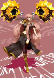 Rule 34 | 1girl, bad id, bad pixiv id, blue eyes, boots, breasts, detached sleeves, headphones, headset, highres, knee boots, large breasts, long hair, megurine luka, midriff, navel, pink hair, solo, suko mugi, thighhighs, vocaloid