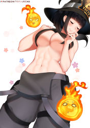 Rule 34 | 1girl, ^ ^, abs, black hair, blunt bangs, blush, breasts, closed eyes, en&#039;en no shouboutai, fire, floral background, happy, hat, large breasts, maki oze, narrow waist, navel, pants, patreon username, ponytail, simple background, smile, solo, stomach, tank top, tofuubear, toned, underboob, white background, witch hat