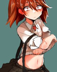 Rule 34 | 1girl, black skirt, blue background, blush, brown eyes, brown hair, closed mouth, commentary request, gomio (bb-k), hair between eyes, highres, kantai collection, lifting own clothes, long hair, looking at viewer, magatama, navel, nose blush, off shoulder, pleated skirt, ryuujou (kancolle), sanpaku, shirt, simple background, sketch, skirt, solo, suspender skirt, suspenders, sweat, white shirt