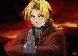 Rule 34 | 1boy, ahoge, blonde hair, closed mouth, coat, edward elric, fullmetal alchemist, gloves, long hair, looking at viewer, male focus, open clothes, open coat, orange eyes, osanpogakari, own hands together, red coat, signature, smile, solo, upper body, white gloves
