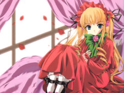 Rule 34 | 00s, 1girl, black footwear, blonde hair, blue eyes, bonnet, bow, curtains, dress, female focus, flower, full body, green bow, long hair, looking at viewer, pantyhose, petals, pink flower, pink rose, red dress, rose, rozen maiden, shinku, shoes, sitting, smile, solo, twintails, white pantyhose, window
