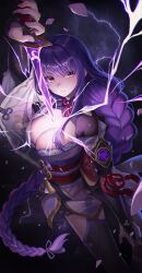 Rule 34 | 1girl, absurdres, breasts, bridal gauntlets, cleavage, closed mouth, commentary, dagger, dark background, genshin impact, highres, holding, holding dagger, holding knife, holding weapon, human scabbard, japanese clothes, kimono, knife, large breasts, lightning, long braid, long hair, looking at viewer, luc (kor), mitsudomoe (shape), neck ribbon, obi, purple eyes, purple hair, purple kimono, raiden shogun, red ribbon, ribbon, sash, serious, solo, symbol-only commentary, tomoe (symbol), very long hair, vision (genshin impact), weapon