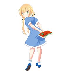 Rule 34 | 1girl, :o, absurdres, blonde hair, blue dress, blue footwear, blush, bobby socks, book, copyright request, dress, fingernails, frilled dress, frills, from behind, full body, green eyes, hair ornament, highres, holding, holding book, kousaka nobaku, leaning forward, loafers, long hair, looking at viewer, looking back, open book, parted lips, puffy short sleeves, puffy sleeves, shoe soles, shoes, short sleeves, simple background, socks, solo, twintails, very long hair, white background, white socks