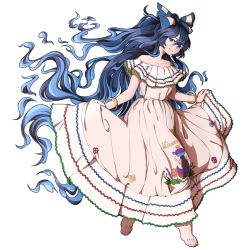 Rule 34 | 1girl, alternate costume, bare shoulders, barefoot, blue bow, blue eyes, blue hair, bow, bracelet, collarbone, commentary, dress, full body, hair bow, highres, jewelry, long hair, mefomefo, nicaragua, off-shoulder dress, off shoulder, simple background, skirt hold, solo, touhou, very long hair, white background, white dress, yorigami shion