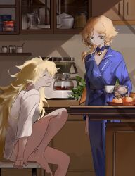 Rule 34 | 2girls, absurdres, ashufu, asymmetrical hair, bare legs, barefoot, bell, blonde hair, blue choker, blue pants, blue shirt, cabinet, chinese commentary, choker, closed eyes, closed mouth, coffee maker, commentary request, cup, druvis iii, green eyes, highres, holding, holding cup, indoors, kitchen, lilya (reverse:1999), long sleeves, morning, multiple girls, neck bell, open mouth, pajamas, panties, pants, plant, plate, potted plant, reverse:1999, shirt, sitting, teacup, tomato, underwear, waking up, white panties, white shirt