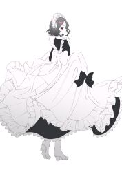 Rule 34 | 1girl, absurdres, apron, closed mouth, commentary request, dress, ebizuka tomo, from behind, full body, girls band cry, greyscale, high heels, highres, long sleeves, looking at viewer, looking back, maid apron, maid headdress, medium hair, monochrome, red eyes, simple background, solo, spot color, tesi (tttesi), white background